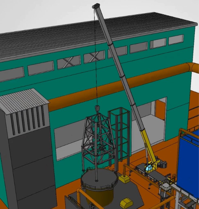 Estudo 3D de guindaste posicionando estrutura em planta industrial